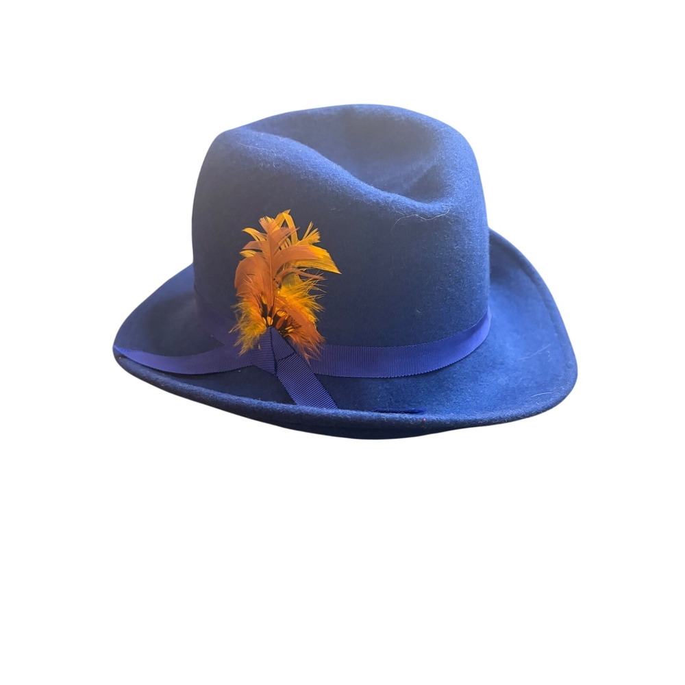 Vintage Lancaster Royal Blue 100% Wool Fedora Hat with Feather Made in USA